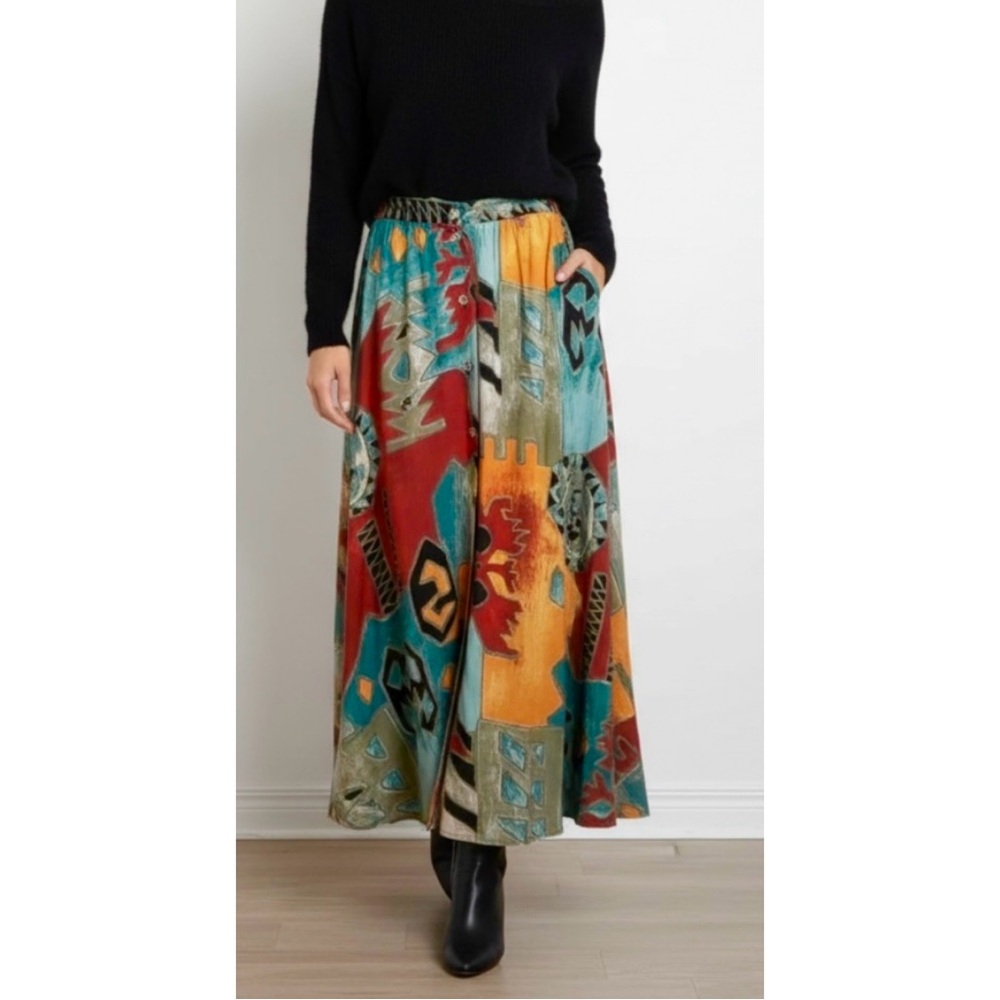 🇨🇦 Vintage 90s Abstract Art Midi Skirt – Teal Red Orange• Suttles & Seawinds